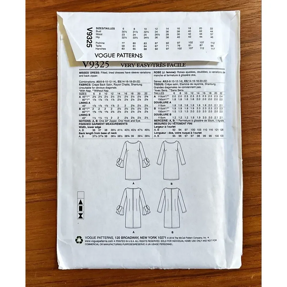 UNCUT Vogue 9325 Very Easy Lined Dress Pattern Sz 6 8 10 12 14 Long Sleeve